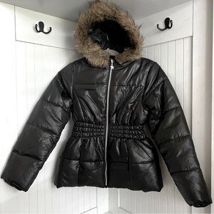 Rothschild black puffer coat jacket fur trim hood L 14 12
